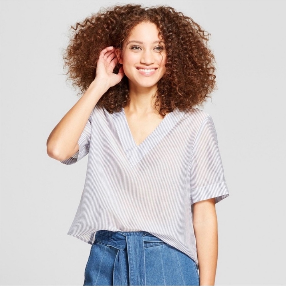 a new day Blue and White Striped Blouse
